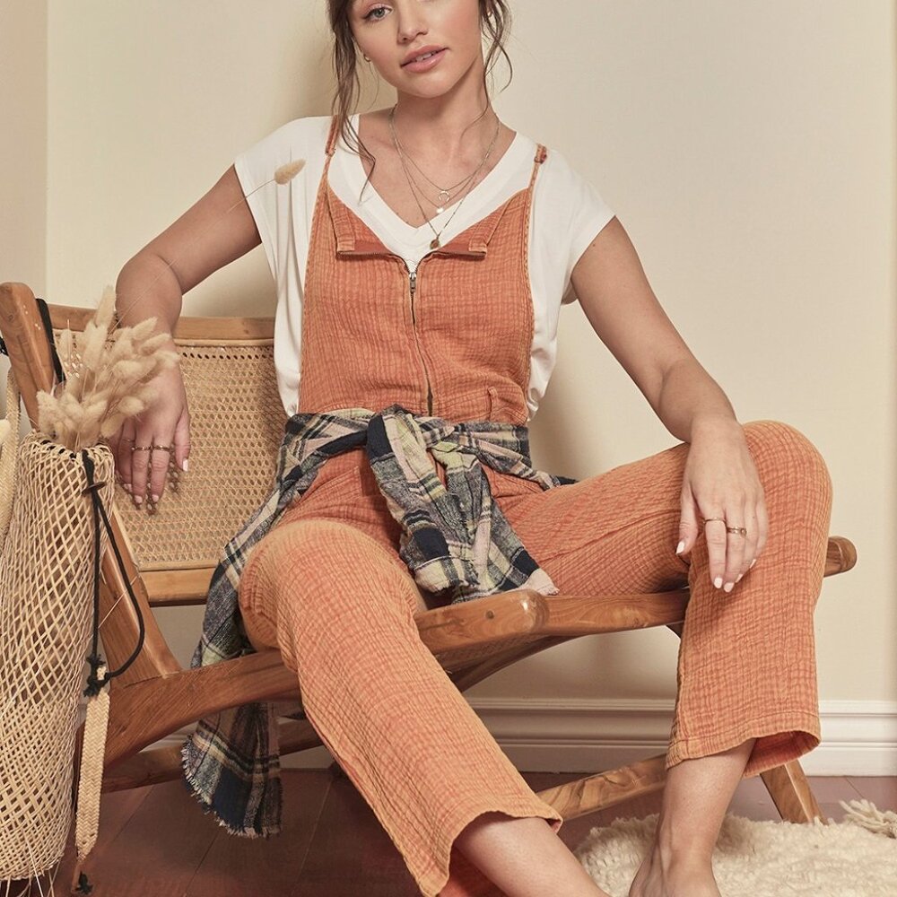 Mystree Cotton Boho Apricot Textured Wide Leg Jumpsuit Overall Romper